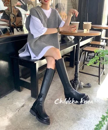0911 韓國空運❣️正韓 韓妞款 素面側彈性帶切爾西帥氣高筒拉鍊長靴