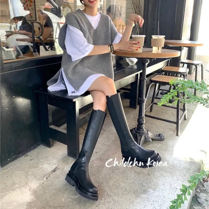 0911 韓國空運❣️正韓 韓妞款 素面側彈性帶切爾西帥氣高筒拉鍊長靴